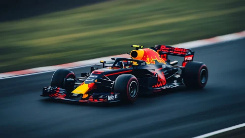 Formula 1 car powers through corner with vivid livery.