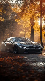 Autumn boulevard predator: sleek sports car in molten gold glow.