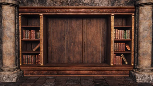 Welcoming wooden bookshelf framing a quiet hidden doorway.