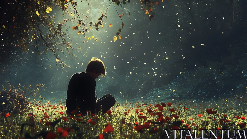 Backlit child in poppy meadow under volumetric light and drifting leaves