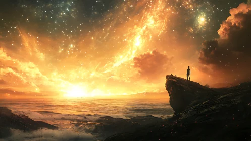 Solitary figure studies apocalyptic seascape under stellar blaze