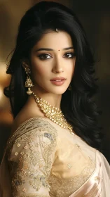 Portrait shows woman in embroidered saree with gold jewelry