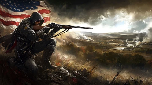 Hooded marksman kneels before US flag over burning battlefield