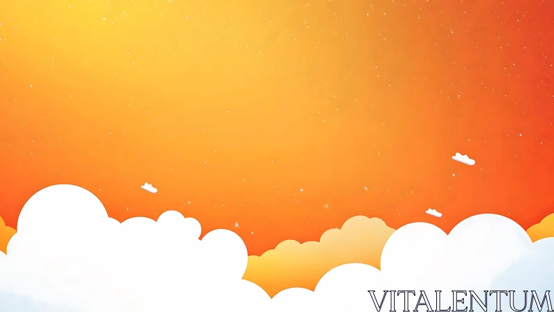 Sunrise sky glows above stylized white cloud horizon.