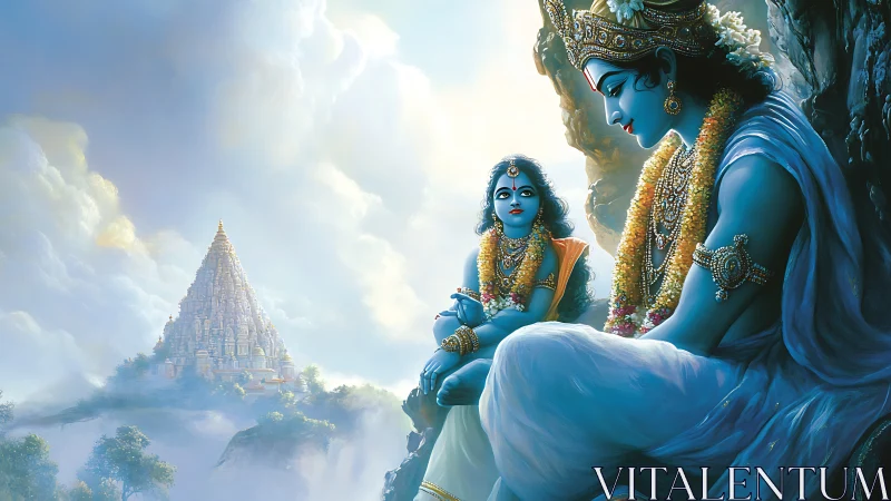 Blue-skinned divine figures sit on cliffside facing distant temple