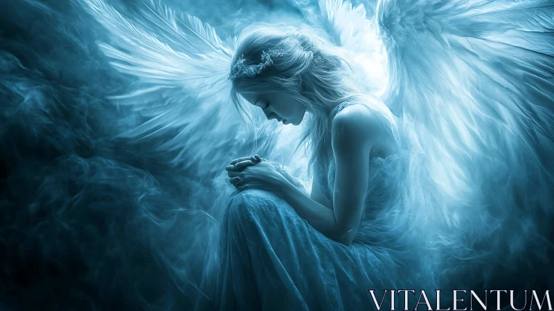 Luminous angel kneels in swirling ethereal blue light.