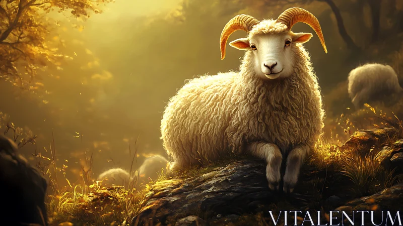 Golden-horned ram resting in ethereal autumn woodland light.