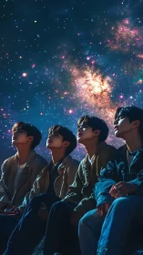 Stargazing friends under vivid galactic night sky glow.