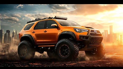 Lifted orange off-road SUV with oversized mud tires in dusty cityscape