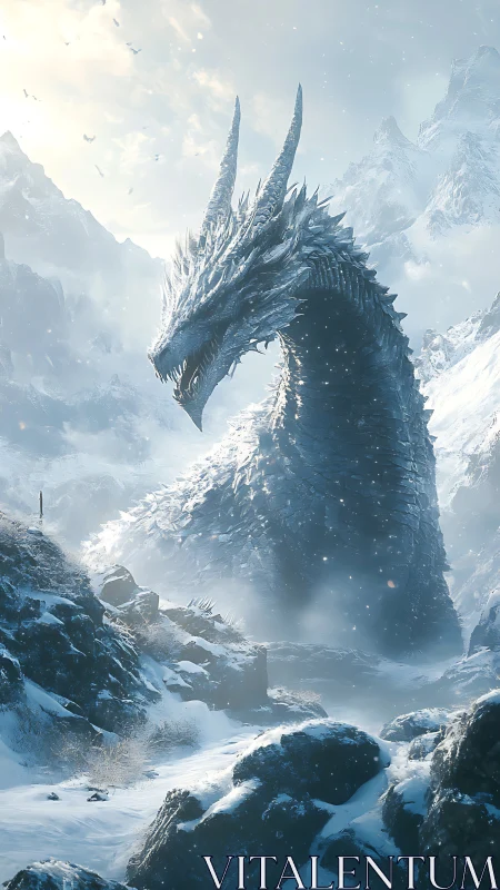 Frost crowned dragon pauses as winter mountains hold their breath