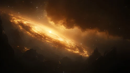 Molten galactic disc blazes above a dark alien horizon