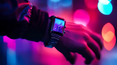 Smartwatch on wrist under neon bokeh lighting renders cyber aesthetic