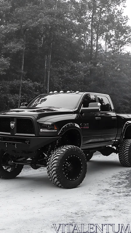Bold lifted black truck parked quietly at the forest edge.