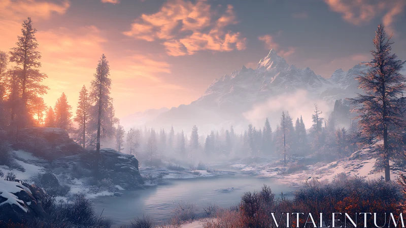 Winter sunrise over misty alpine river valley landscape.