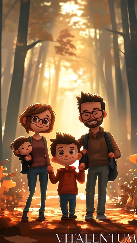 Family Adventure Through Golden Forest Light.