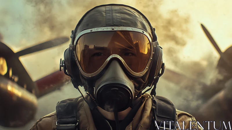 WWII fighter pilot stands ready amid swirling battle smoke.