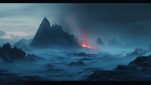 Fiery volcanic spire glows over a frozen twilight wasteland