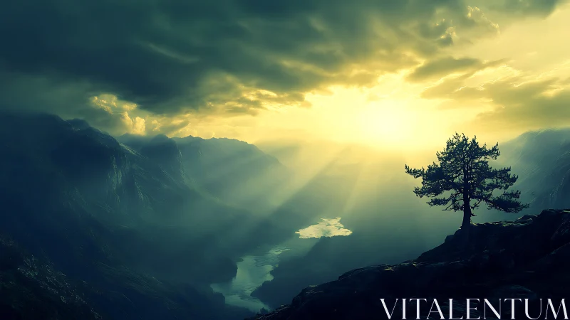 Singular conifer on ridge under volumetric crepuscular rays.