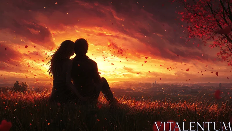 Two Hearts Embraced Under a Fiery Sky.
