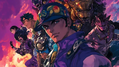 Anime ensemble portrait with dynamic heroic composition.