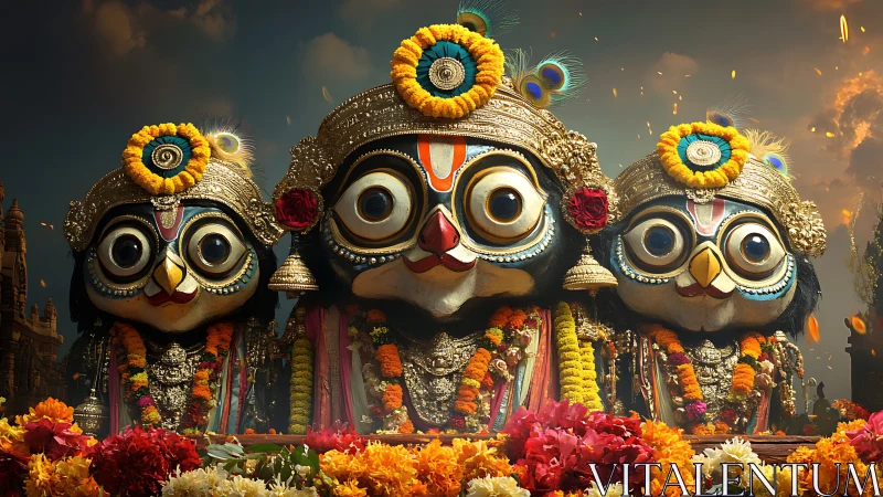 Jagannath festival idols in ornate floral procession scene.
