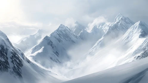 Snowbound alpine peaks under drifting winter mist.