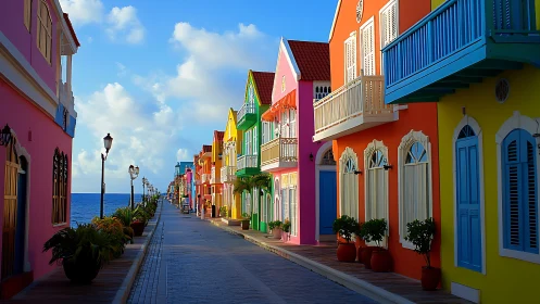 Chromatic waterfront streetscape under directional coastal light.