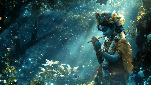 Divine blue musician in bioluminescent forest light plays flute