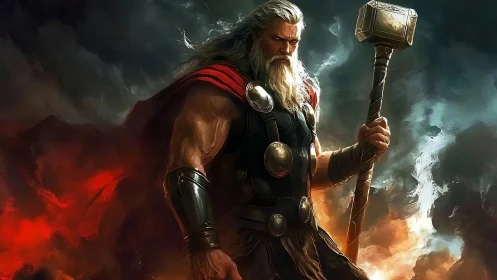 Storm-forged thunder god with hammer amid swirling firestorm.