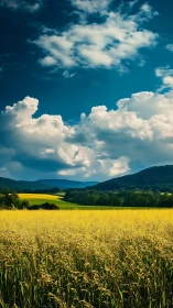 High-saturation wheat field landscape under cumulus sky