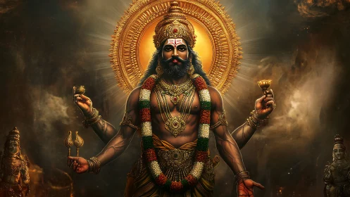 Four-armed deity figure with radiant halo and ritual objects.