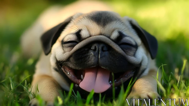 Sunlit pug nap with a joyful tongue-out summer grin.
