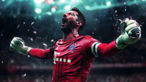 Goalkeeper’s joyful roar under bright stadium lights.