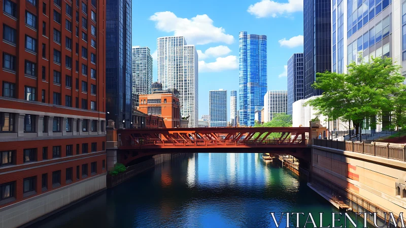 Sunlit city river bridge welcomes calm water and bright towers