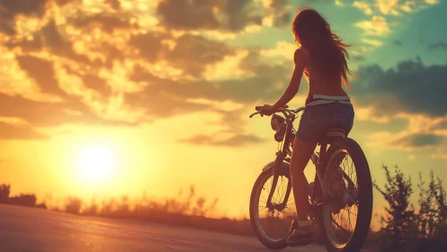 Cyclist on rural road at sunset with golden sky