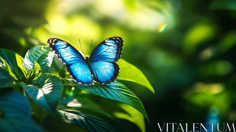 Cobalt forest butterfly basking in a sunlit emerald dream.