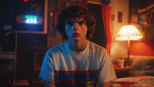 Teen boy under neon and lamplight gazes in quiet focus.