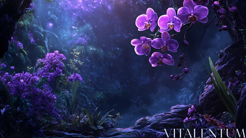 Purple orchids in glowing fantasy forest at night.