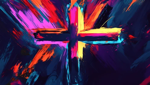 Chromatic cross exploding through deep indigo canvas.