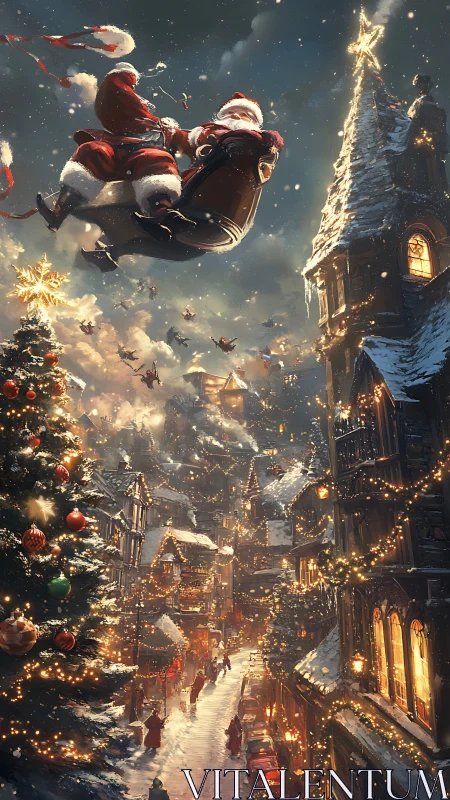 Skyline sleigh ride over lantern-bright Christmas village.