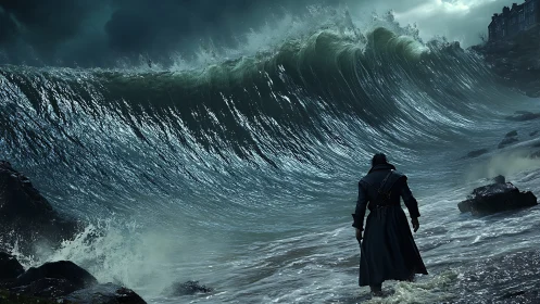 Lone figure confronts massive storm wave on dark shore.