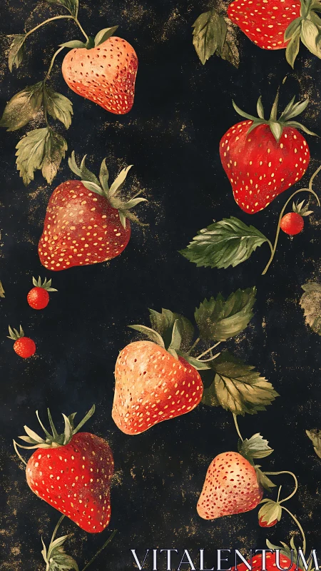 Strawberry plant illustration pattern on dark textured field.