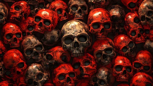 Metallic skulls form a fiery wall of macabre intensity