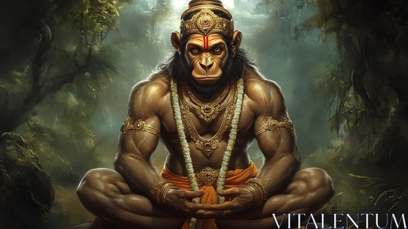 Jungle warrior deity ape meditates in gilded forest glow.