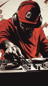 Red-capped beat alchemist sculpting sound on turntables.