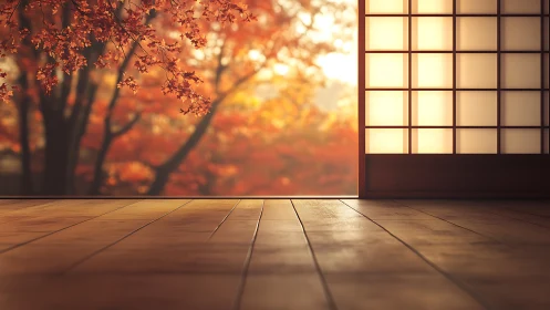 Autumn hush at a shoji doorway, where maple embers linger.