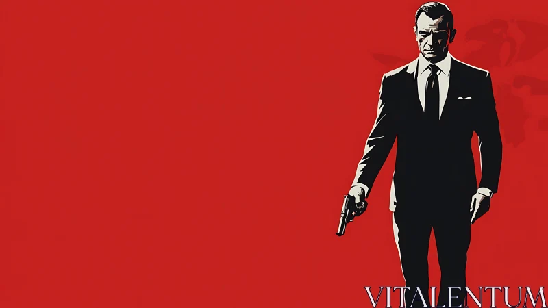 Sharp suited gunman on red background in bold profile.