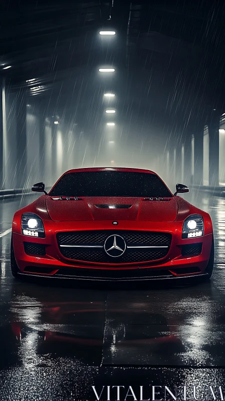 Red Mercedes sports coupe in wet tunnel under rainfall.