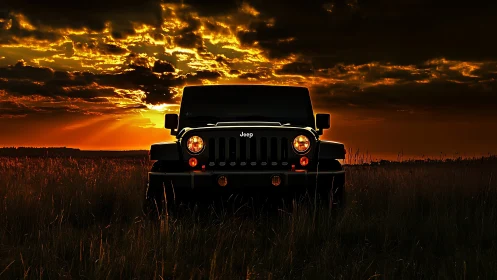 Sunset warrior Jeep waits, headlights glowing in tall grass