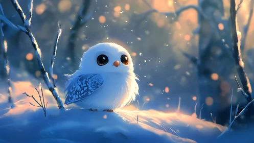 Cute White Baby Owl in Snowy Forest, Digital Art Illustration.